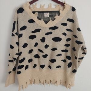 Grace & Emma Pullover Leopard Print Ripped Sweater V Neck Distressed Knit Sz L